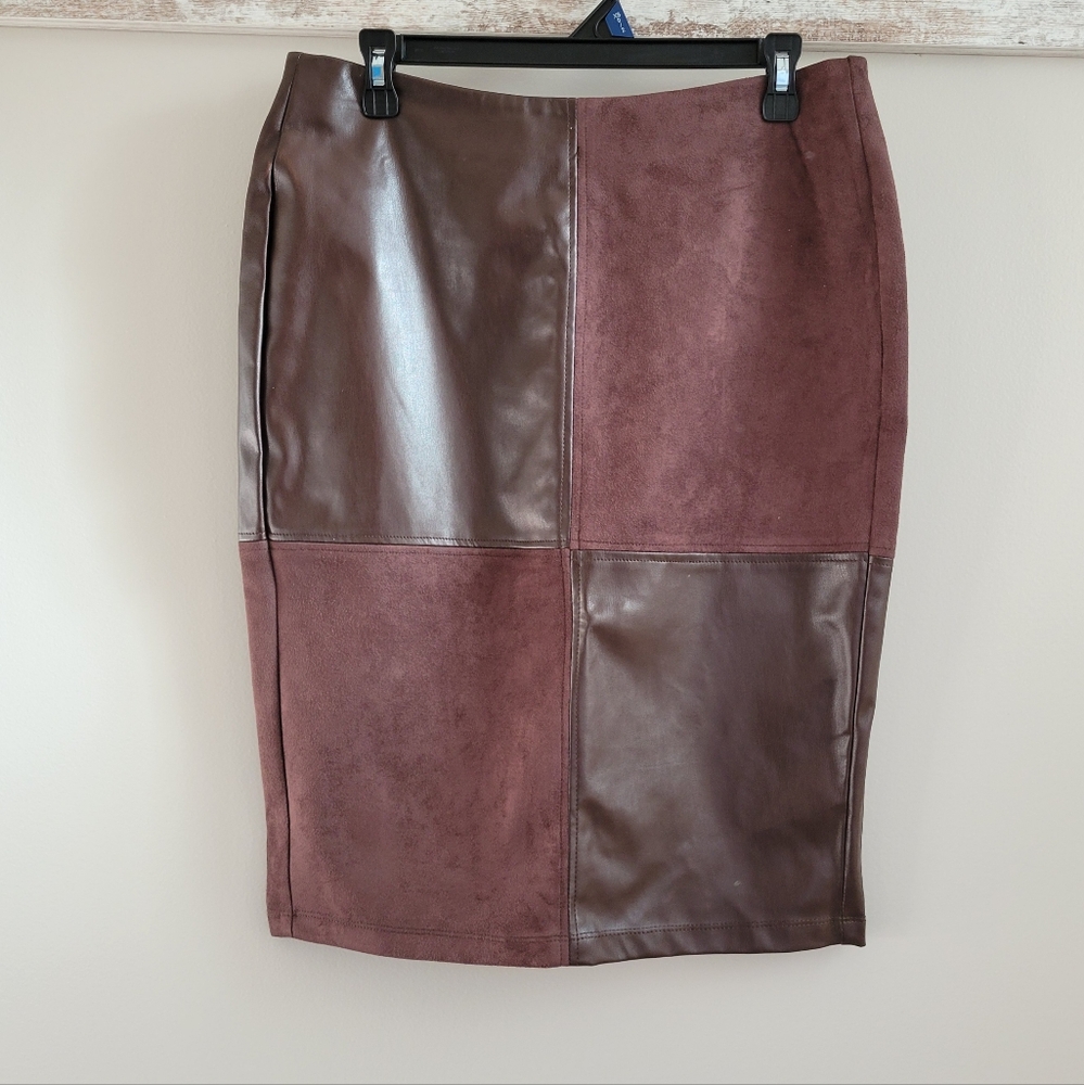 Brown faux leather colorblock skirt